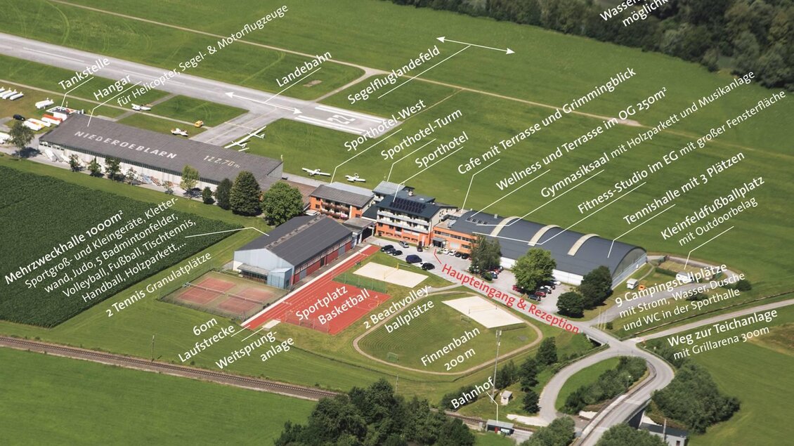 Ein Luftbild eines Sportzentrums mit mehreren Gebäuden, Sportplätzen und einer großzügigen Landschaft. Es zeigt verschiedene Einrichtungen wie Fitnessstudios, Tennisplätze und einen angrenzenden Park. | © Sportsarea Grimming