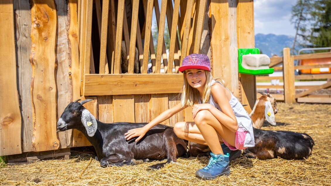 Ein Mädchen sitzt auf dem Boden und streichelt eine Ziege vor einem Stall. Die Sonne scheint und es gibt Stroh um sie herum. | © Haus Kaibling