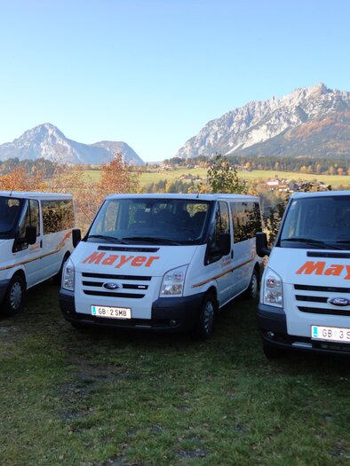 Three delivery vans with the inscription "Mayer" are standing in a scenic environment. In the background, mountains and a clear sky can be seen. | © Stefan Mayer