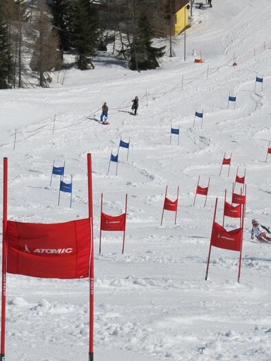 Eine Skipiste mit roten und blauen Toren im Schnee. Im Hintergrund sind Skifahrer und Bäume zu sehen. | © Galsterberg/ SV Pruggern