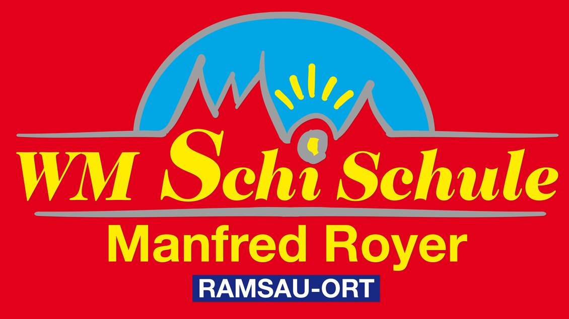 Ein Logo der WM Skischule von Manfred Royer aus Ramsau-Ort. Es zeigt farbenfrohe Schriftzüge mit stilisierten Bergen und der Sonne. | © WM Schi Schule 